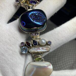 Handmade Sterling Silver 925 Druzy Multi Gemstone Bracelet 8” 60.9g